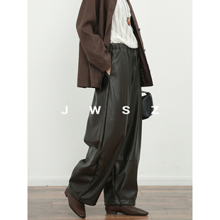 JWSZ 复古老钱风分割线设计松紧腰宽松弯刀廓形皮裤