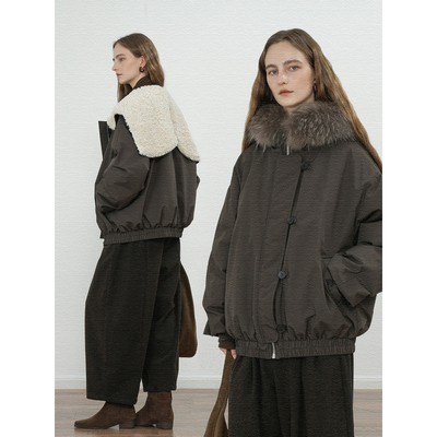 城市游牧真貂子毛领羊羔毛拼接派克羽绒服可拆卸两穿90白鸭绒外套