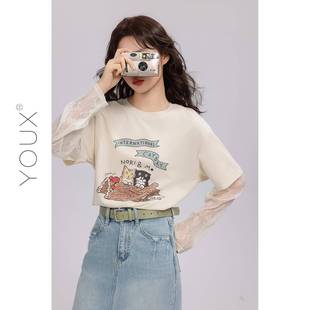 新款 又巷 蕾丝拼接卡通印花t恤女2025夏季 不着调 百搭上衣 猫