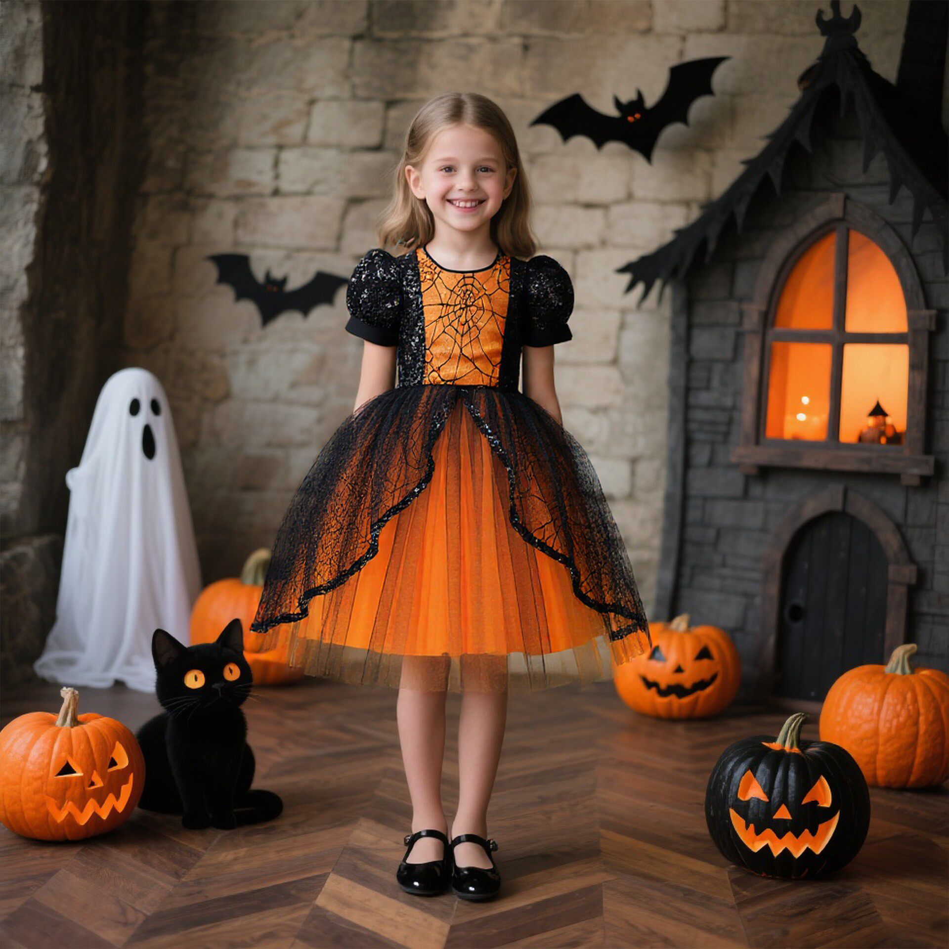 万圣节儿童服装女童礼服魔法女巫吸血鬼连衣裙小女孩舞会演出服装
