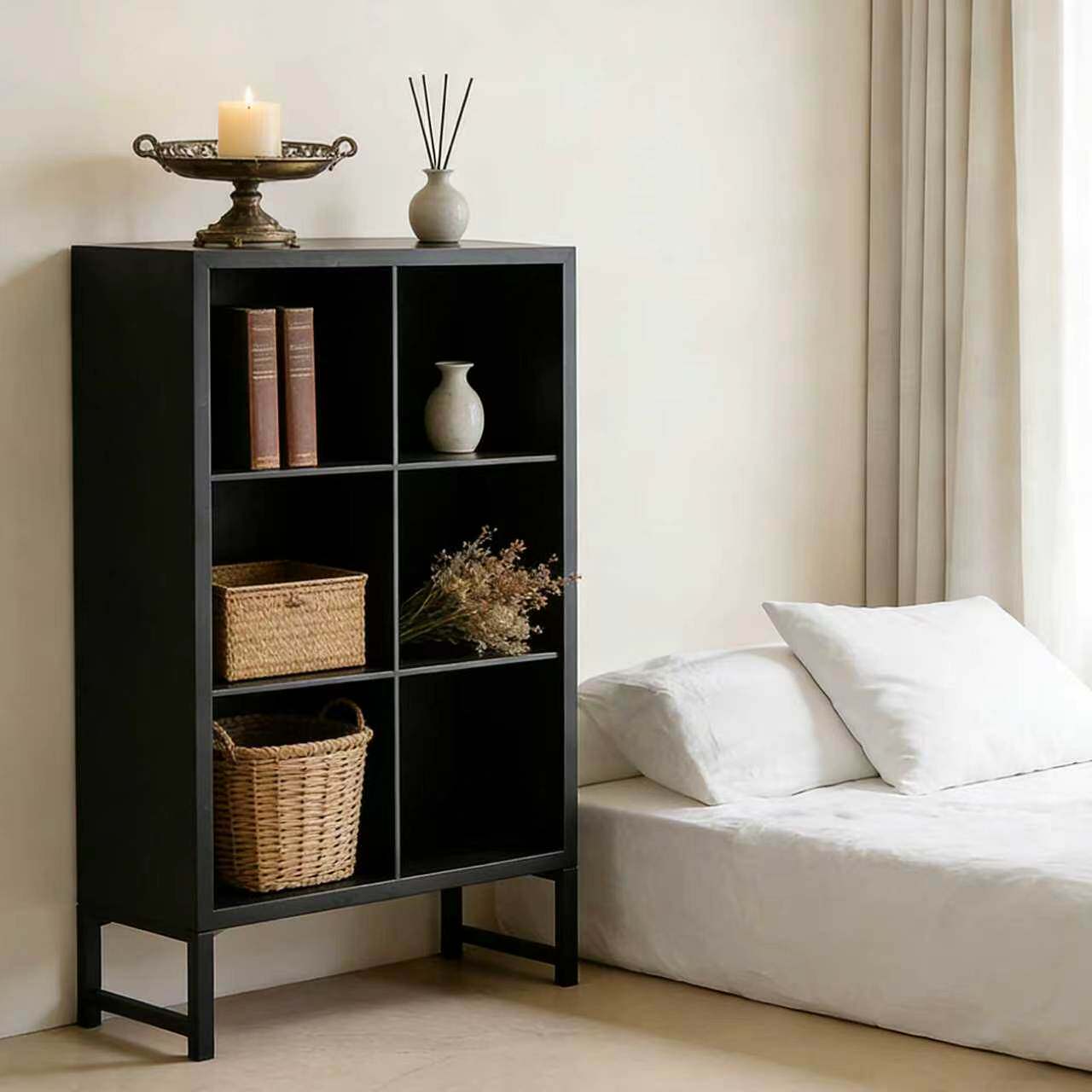 全实木书柜置物架储物柜自由组合多格单元书架现代简约客厅黑色