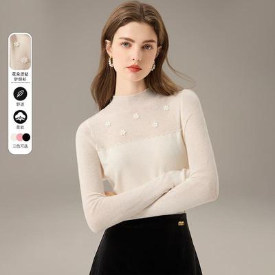 烫钻钉花羊毛打底衫套头半高领