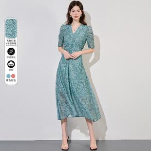 V领天丝碎花收腰修身 新款 显瘦A字连衣裙 过膝大摆裙2025夏季 中长款