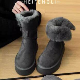 UGG灰色皮毛一体雪地棉鞋2026新款冬季加绒加厚保暖短靴厚底雪地