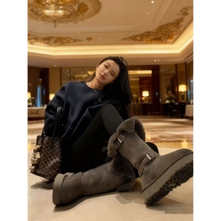 UGG桑坡高筒雪地靴女款皮毛一体灰色厚底2026年新款加绒增高东北