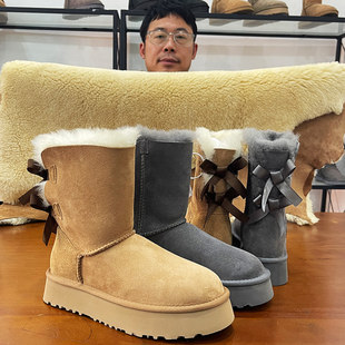 UGG桑坡雪地靴羊皮毛一体2026冬季新款鞋低筒加厚羊毛女蝴蝶结雪