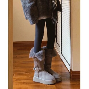 UGG真皮厚底增高灰色长筒雪地靴女秋冬加绒保暖中筒毛毛棉鞋高筒