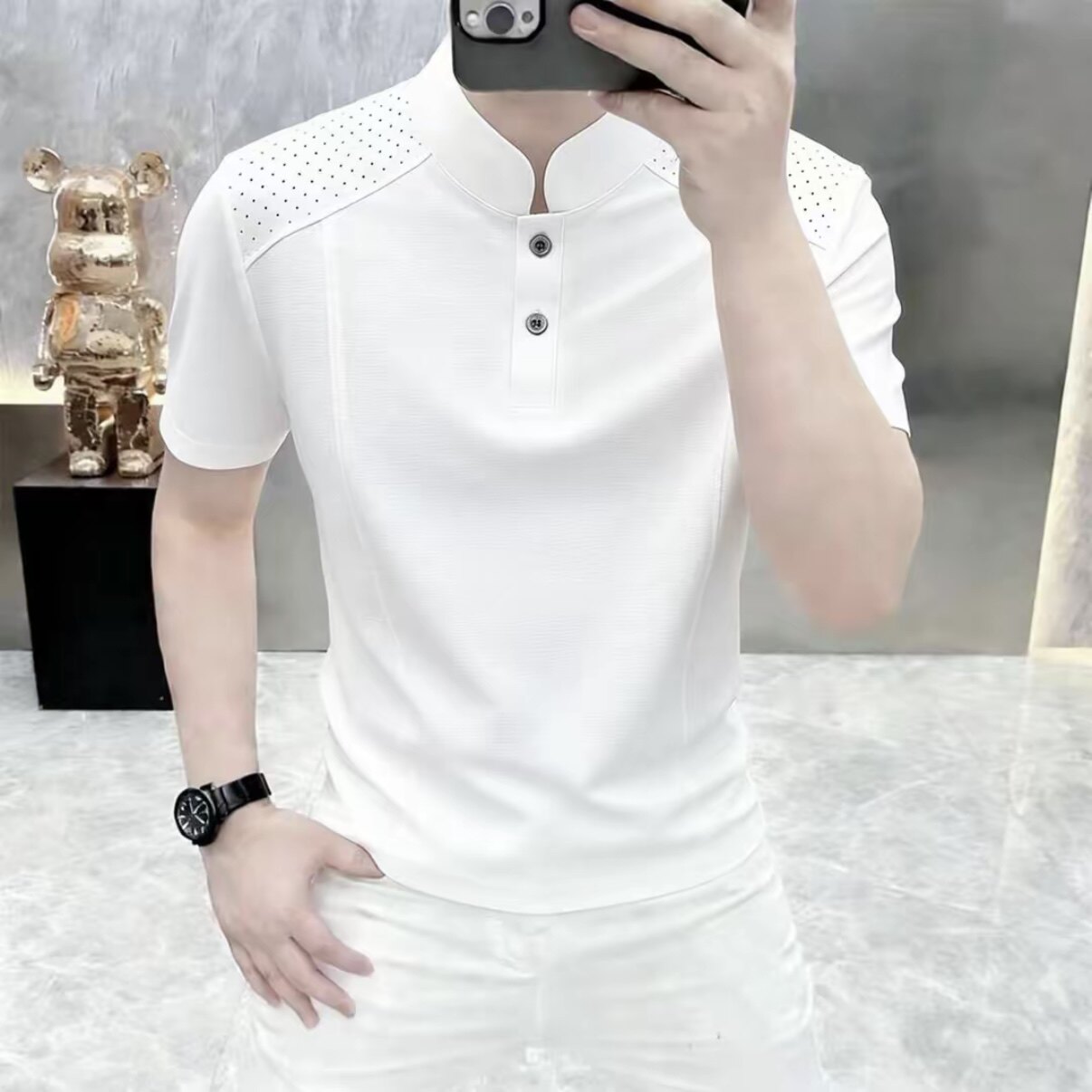 高档夏季新款立领短袖T恤男士时尚潮流帅气半袖体恤轻奢男装22053