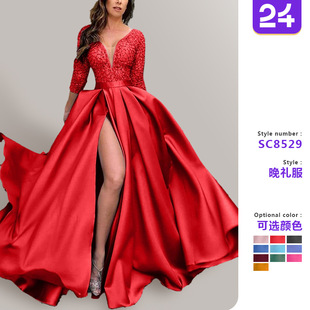 2025春夏欧美女装 独立站蕾丝亮片大摆性感长裙拖尾宴会晚礼服