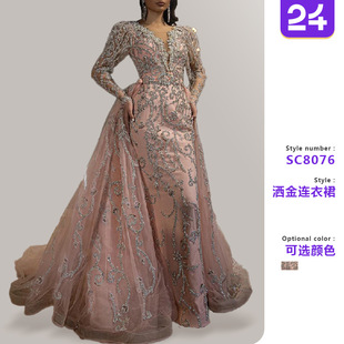 连衣裙性感V领长袖 亚马逊 洒金拖尾晚礼服 欧美跨境女装 2025年新款