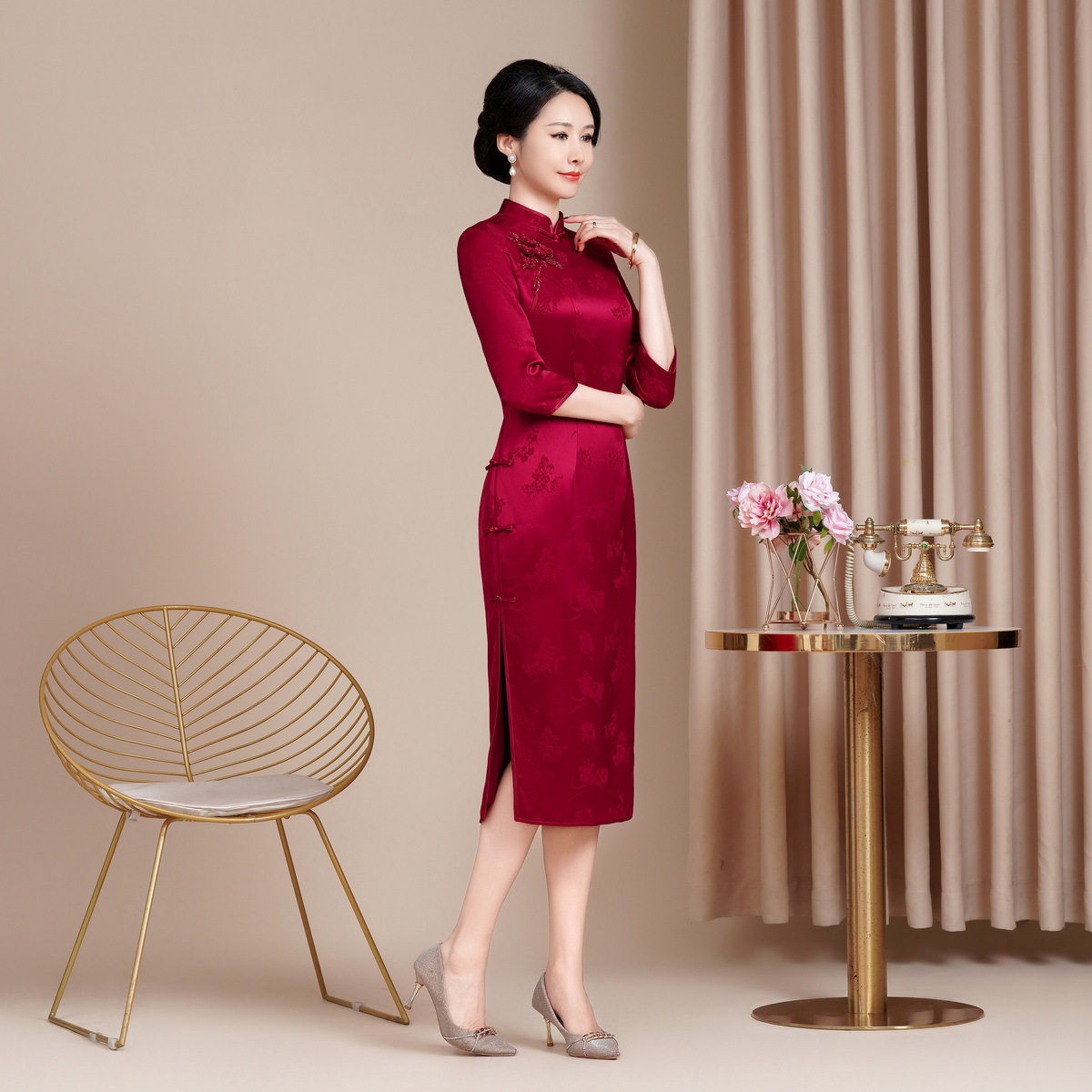 醋酸印花旗袍女高级感中式改良修身长款敬酒服喜婆婆喜妈妈礼服