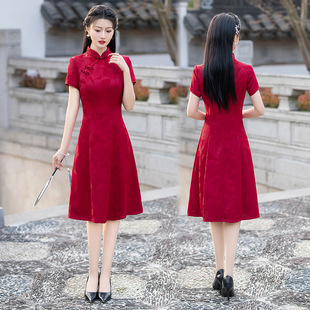 新款冬季改良醋酸缎提花短袖旗袍高考中考必选妈妈装日常大摆