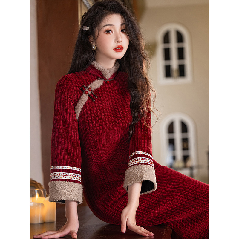 酒红色复古老上海名媛旗袍秋冬款加绒新中式长袖改良版冬季女长款