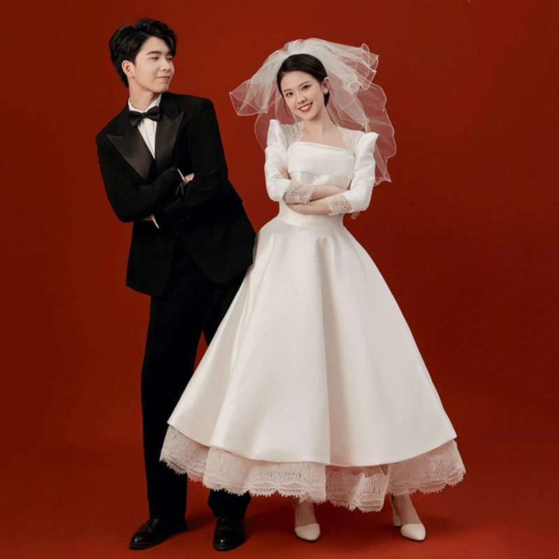 法式轻婚纱新娘2026新款秋季高级感缎面长袖出门纱订婚白色礼服裙