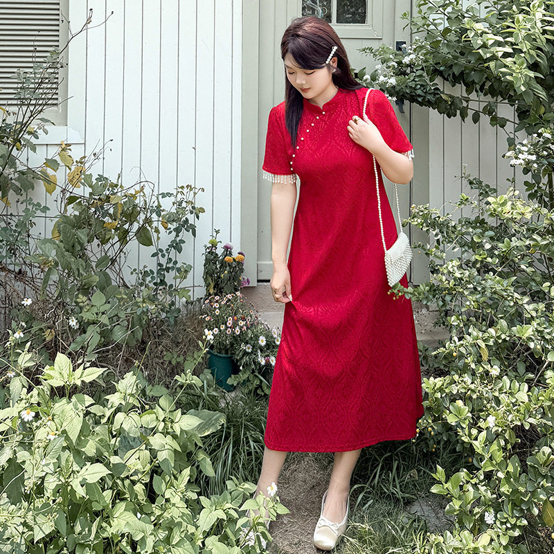 新中式国风立领斜襟流苏旗袍女夏季新款胖mm订婚敬酒服222216