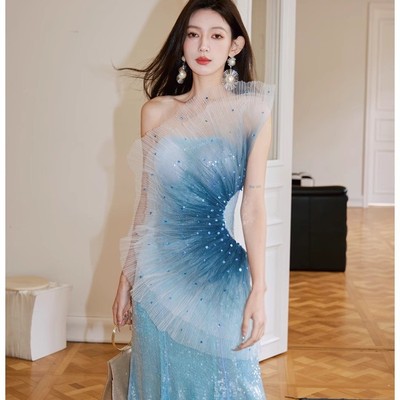 2025新款深海人鱼姬立体网纱亮片连衣裙生日裙成人礼晚宴礼服