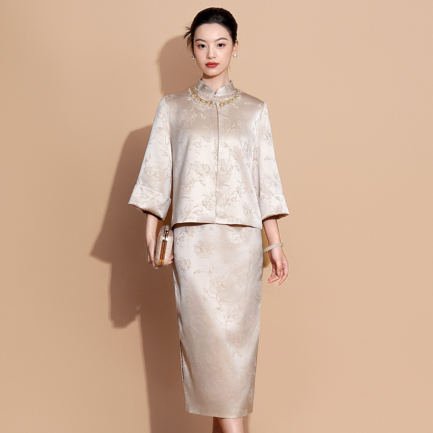 工厂妈妈婚宴旗袍套装新款醋酸提花订婚礼服日常可穿5036外套