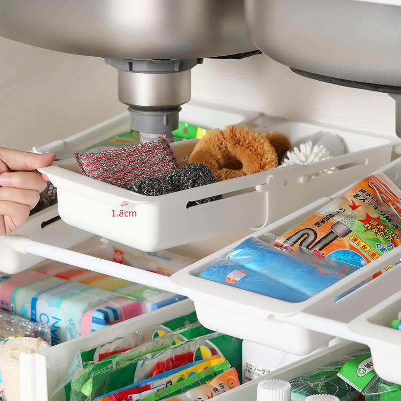 新款日式下水槽置物架脸盘柜子隔板免打孔伸缩架多功能橱柜收纳分