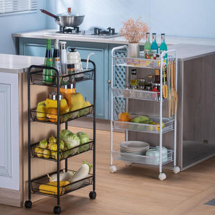 新款小置物架网格推车展示架可移动厨房多层钢木架浴室储物工具车