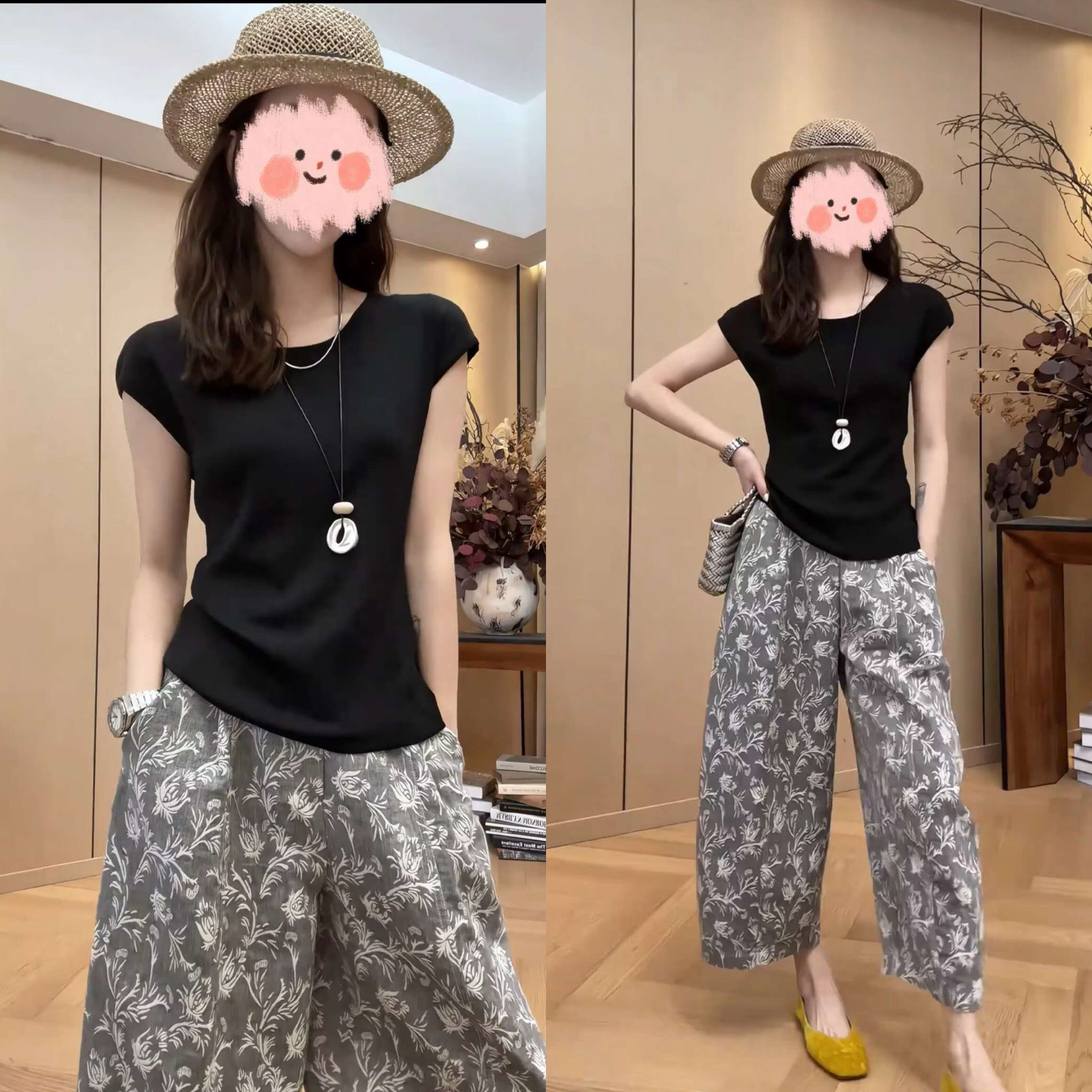 2026夏季新款透气弹力包肩短袖T恤复古植物碎花九分裤套装女8885