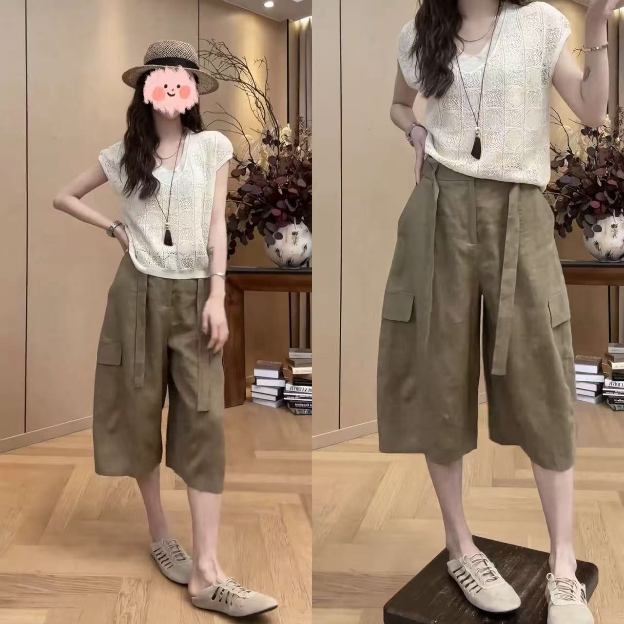 2026夏季新款镂空针织无袖上衣高腰系带工装七分阔腿裤套装女8846