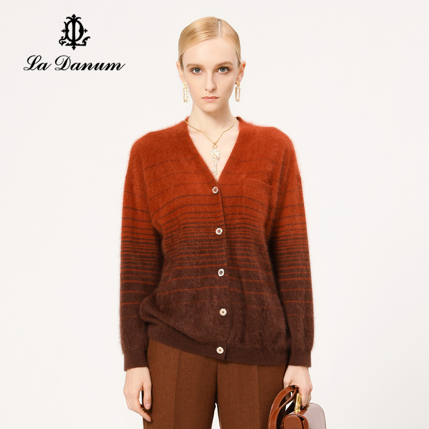 阿丹娜焦糖渐变色羊绒针织开衫