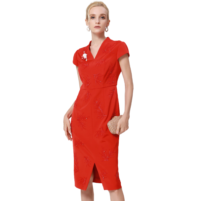 阿丹娜夏季女装红色桑蚕丝珠绣修身连衣裙开叉包臀裙官方旗舰店