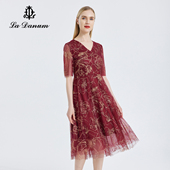 V领收腰唯美刺绣透气网纱连衣裙子官方旗舰店正品 阿丹娜女装 夏季