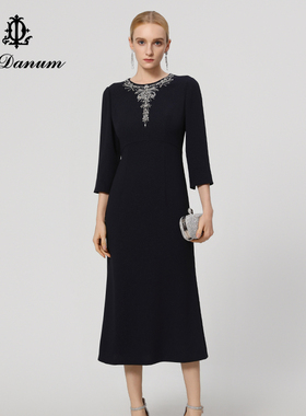 阿丹娜女装春秋新款蓝色三醋酸混纺连衣裙子钉珠修身时尚官方正品