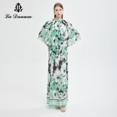 阿丹娜女装 水墨风印花连衣裙子披肩修百褶裙荷叶边度假LCS608DR0