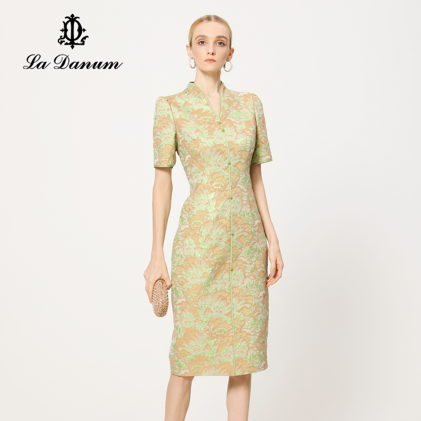 阿丹娜绿色闪葱提花修身连衣裙