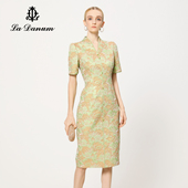 礼裙官方旗舰店正品 阿丹娜春秋新款 绿色闪葱提花连衣裙子V领修身