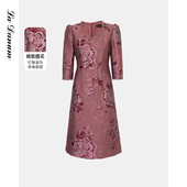 阿丹娜夏季 礼裙LRS130DRB0 连衣裙长袖 女装 闪葱提花方领钉珠修身