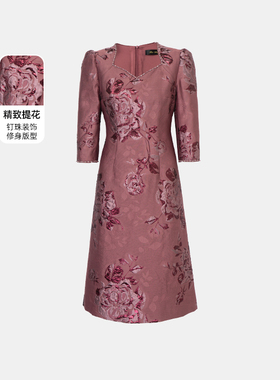阿丹娜夏季女装闪葱提花方领钉珠修身连衣裙长袖礼裙LRS130DRB0