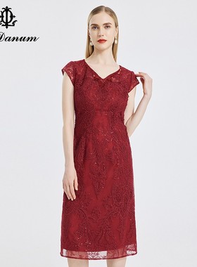 阿丹娜夏季V领钉珠红色礼服绣花网纱A字连衣裙子淑女装气质流行