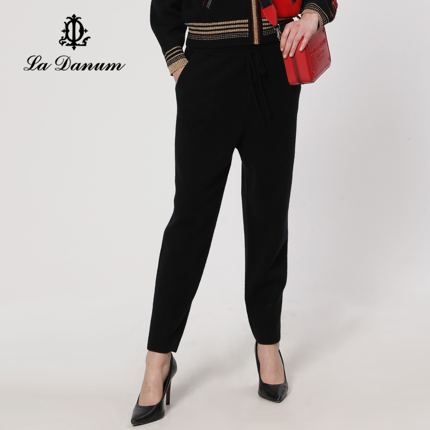 阿丹娜黑色绵羊毛混山羊绒针织裤