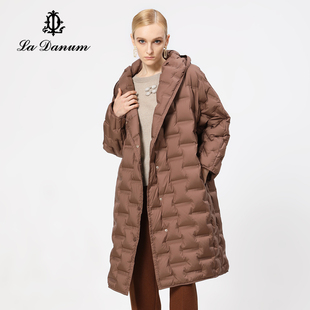 冬季新款La Danum阿丹娜女装咖色连帽鹅绒羽绒服中长廓形保暖时尚
