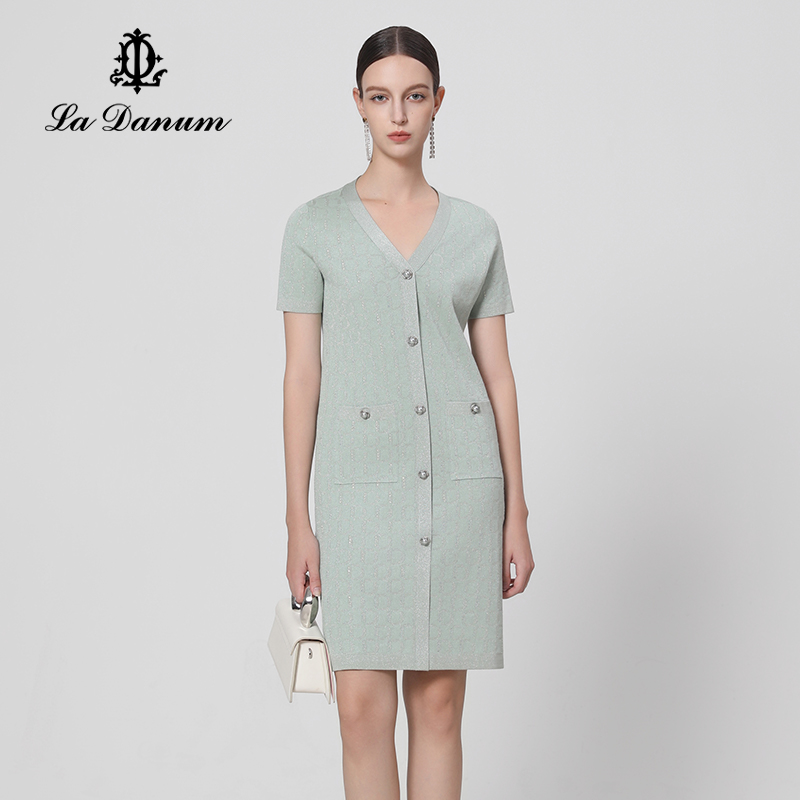 马天奴绿色闪葱提花针织连衣裙