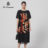 官方旗舰店正品 阿丹娜春夏新款 黑色桑蚕丝印花连衣裙子宽松女装