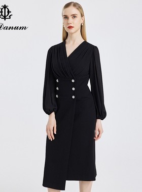 阿丹娜女装春秋黑色气质收腰长短摆时尚简约纽扣连衣裙子通勤气质