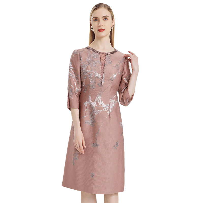 阿丹娜春秋新品女唯美花色钉珠气质款礼服轻奢连衣裙子LCA401DR0