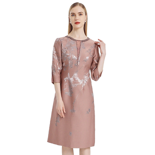 阿丹娜春秋新品女唯美花色钉珠气质款礼服轻奢连衣裙子LCA401DR0