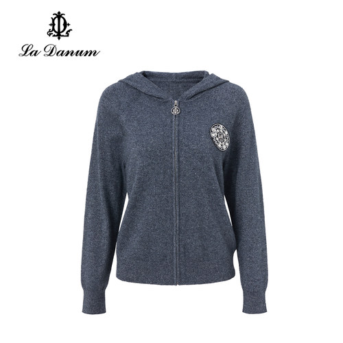 阿丹娜灰色连帽拉链针织外套