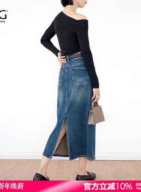 SJOG后开叉复古蓝色牛仔裙2025年秋季弹力显瘦高腰水洗长款半身裙