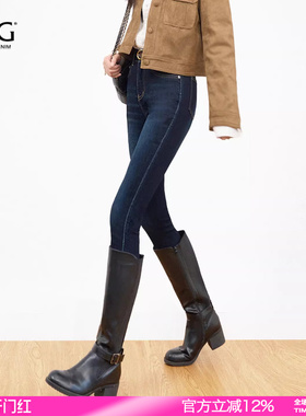 SJOG塑形显腿长！加绒提臀冬季靴裤高腰牛仔裤女紧身小脚裤铅笔裤