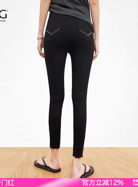 SJOG超薄柔感！纯黑高腰破洞显瘦牛仔裤女九分紧身小脚裤铅笔裤夏