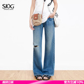 女2026春显瘦直筒宽松裤 阔腿牛仔裤 浅蓝破洞高腰窄版 SJOG时髦感