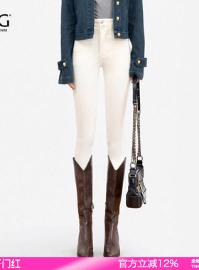 SJOG塑形不褶皱！白色靴裤提臀牛仔裤女显瘦春秋九分紧身小脚裤女