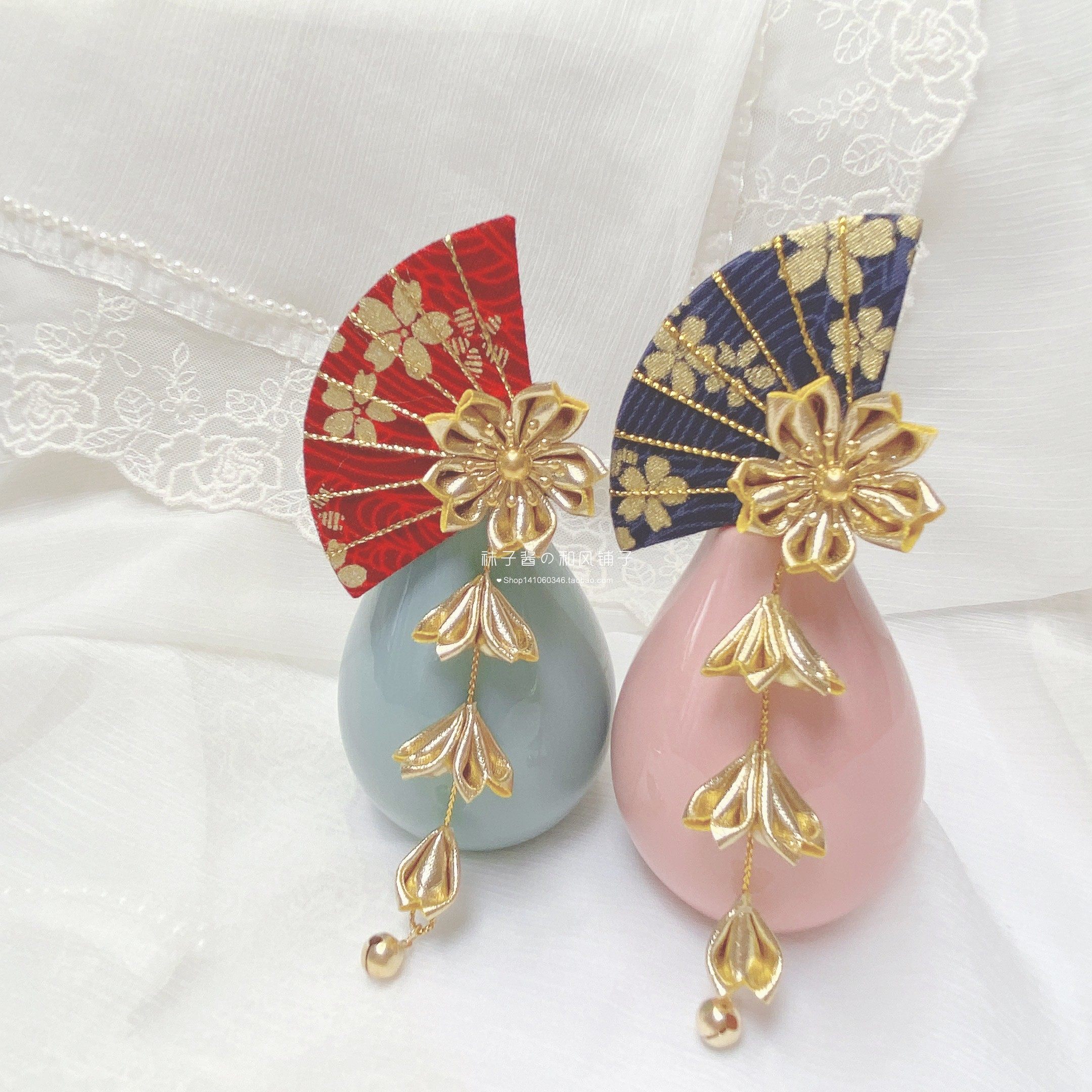 【金色樱花扇】原创和风酒红绀色洛丽塔扇子发饰和服浴衣羽织发夹