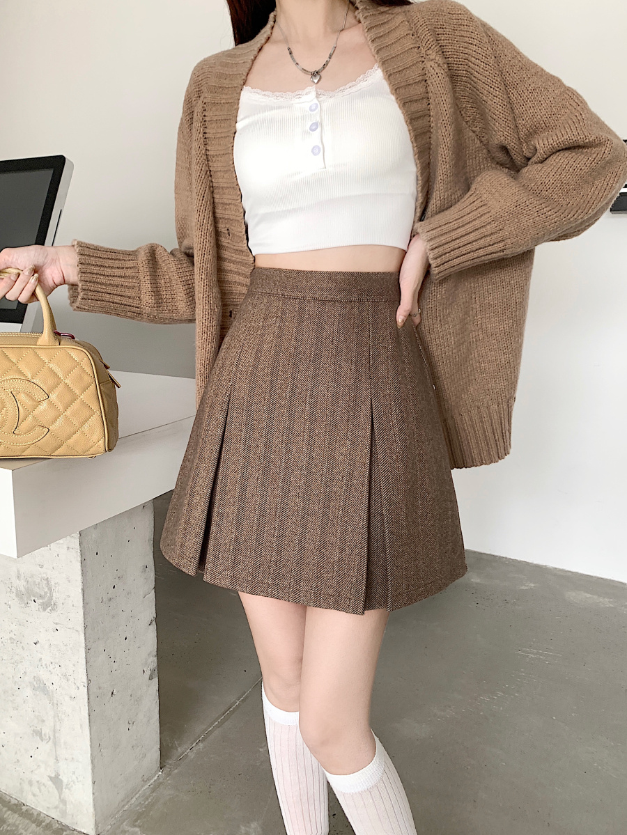 大码咖色人字纹毛呢a字半身裙